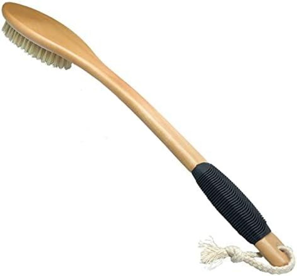 Badebürste aus Holz, gebogen, langer Griff, rutschfest, Duschbürste für Peeling, natürliche Borsten, Schrubber für den Rücken, nass oder trocken