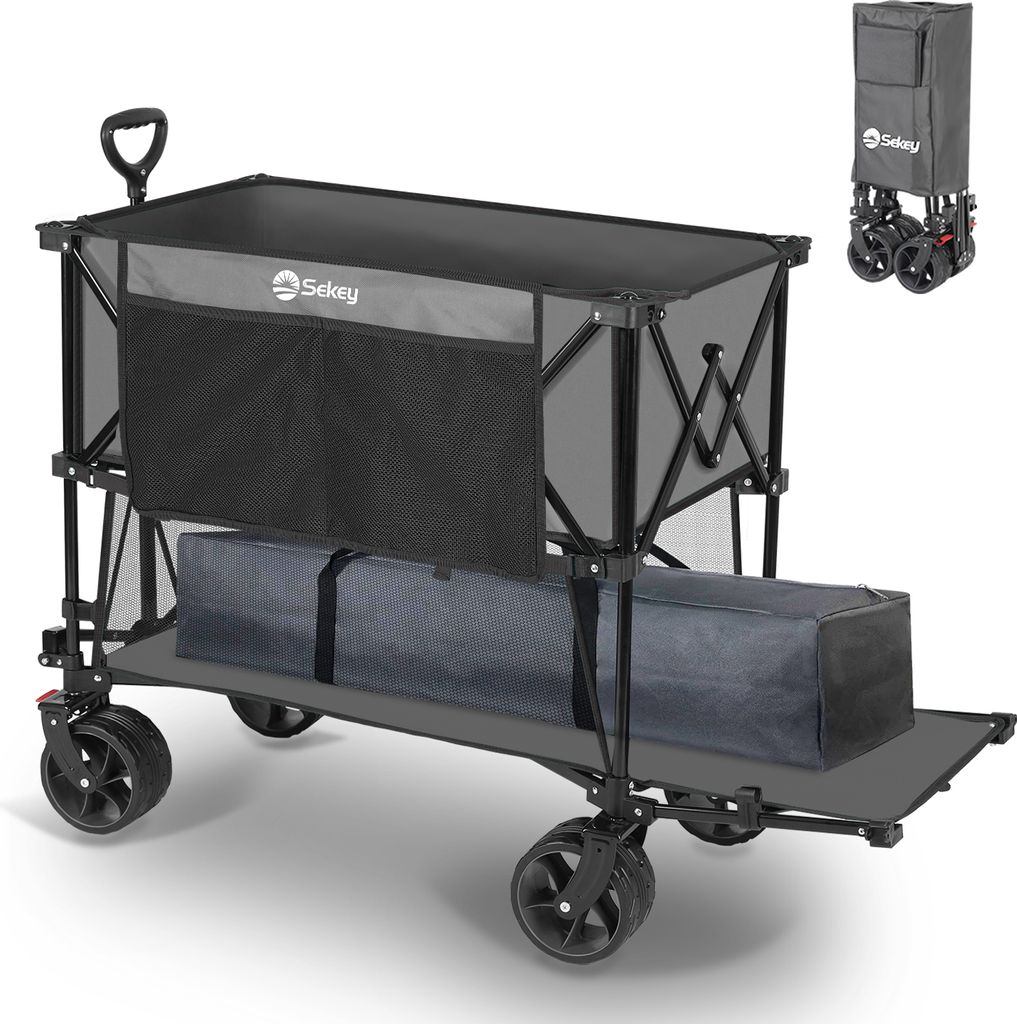 Sekey Bollerwagen Faltbar Doppelstockraum Transportwagen 4XL 350L Ladekapazität Faltwagen Camping Gartenwagen Strandwagen Mit Verbreiterten Reifen
