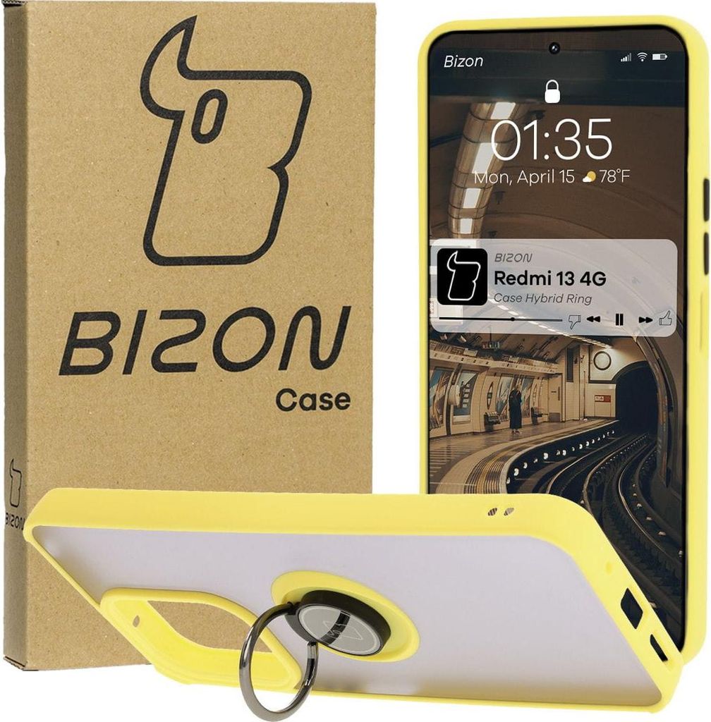 Bizon Case Hybrid Ring Fingerringhülle für Xiaomi Redmi 13 4G, Rauch mit gelbem Rahmen