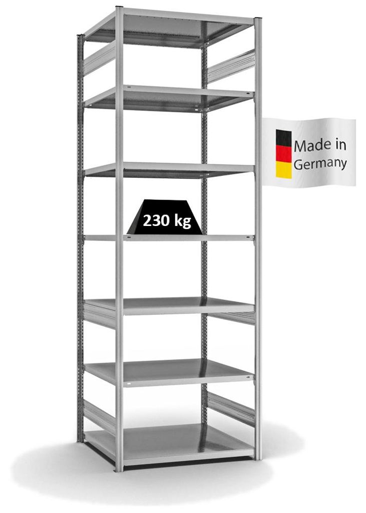 PROREGAL Fachbodenregal Stecksystem MAGNUS Germany | HxBxT 300x100x80cm | 7 Ebenen | Fachlast 230 kg | Beidseitig nutzbar | Verzinkt