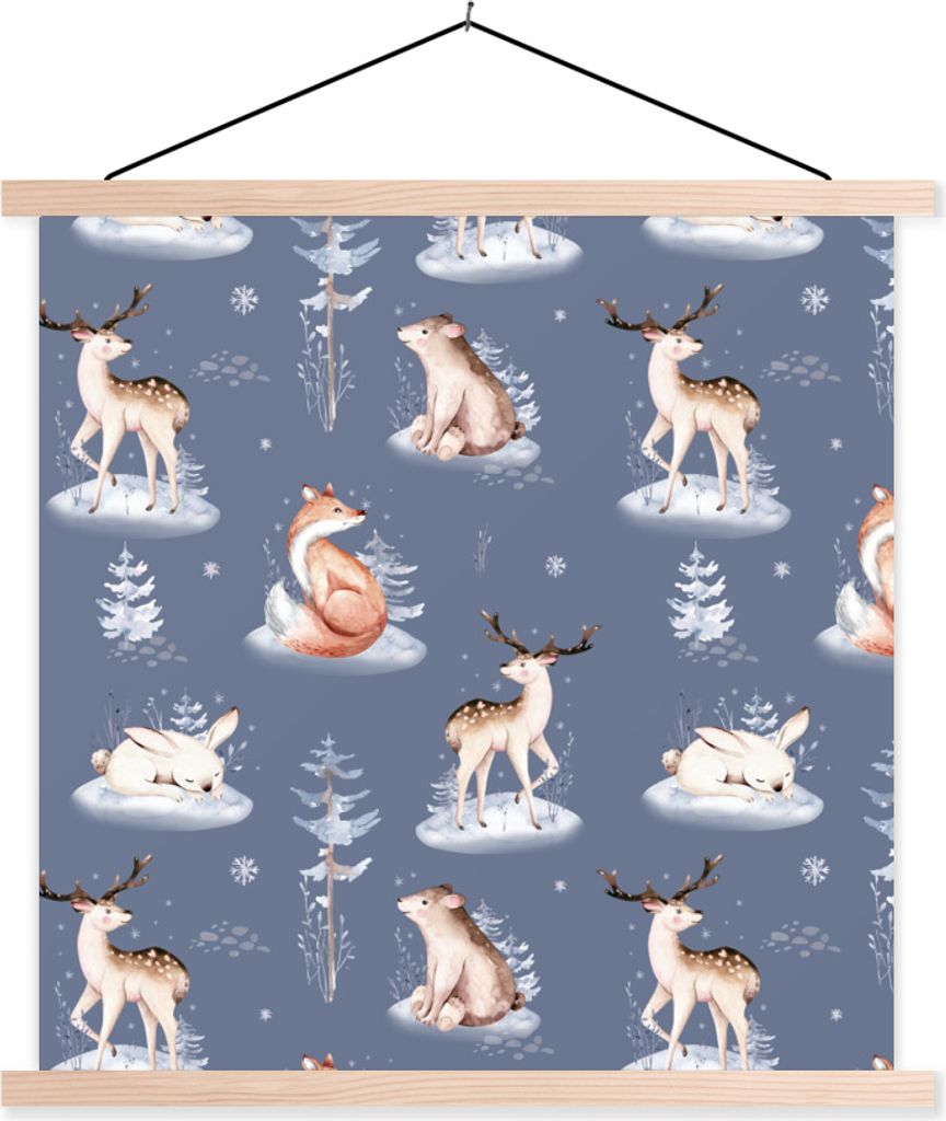 MuchoWow Textilposter Winter - Bär - Hirsch - Fuchs 40x40 cm mit holzfarbenen Rahmen - Posterleiste