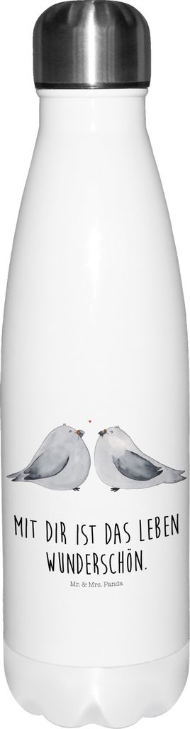 Mr. & Mrs. Panda Thermos Turteltauben Liebe - Weiß - Geschenk, Tauben, Sportflasche, Thermo-Trinkflasche, Freundin, Trinkflasche, Wasserflasche, i...