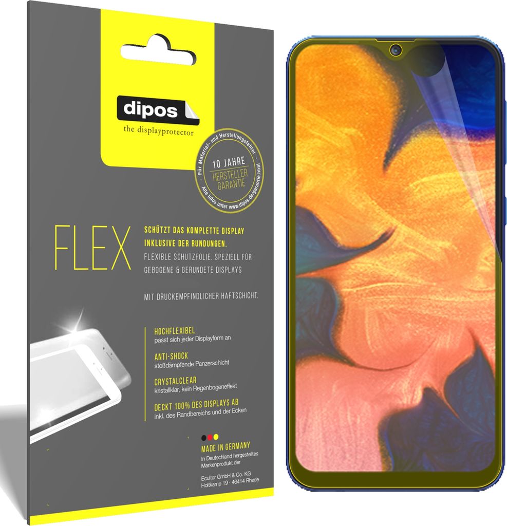3x Schutzfolie für Samsung Galaxy A10 Folie, 100% Displayabdeckung, dipos Flex