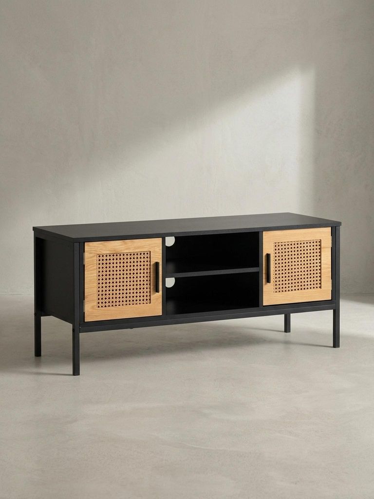 Lowboard Schwarz / Eiche mit Wiener Geflecht 110x48x40 cm TV-Kommode Zeitlos, Design TV-Schrank Hoch, Fernsehtisch Fernsehschrank mit Türen, Ferns...