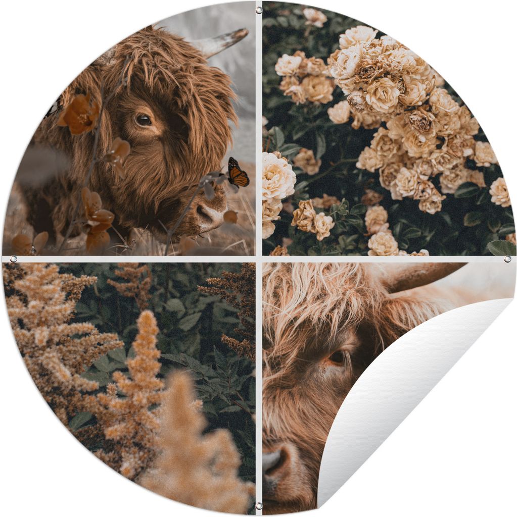 MuchoWow Gartenposter Outdoor-Poster Rund Schottischer Highlander - Collage - Herbst Ø 120 cm Gartendeko Rundes Poster draußen