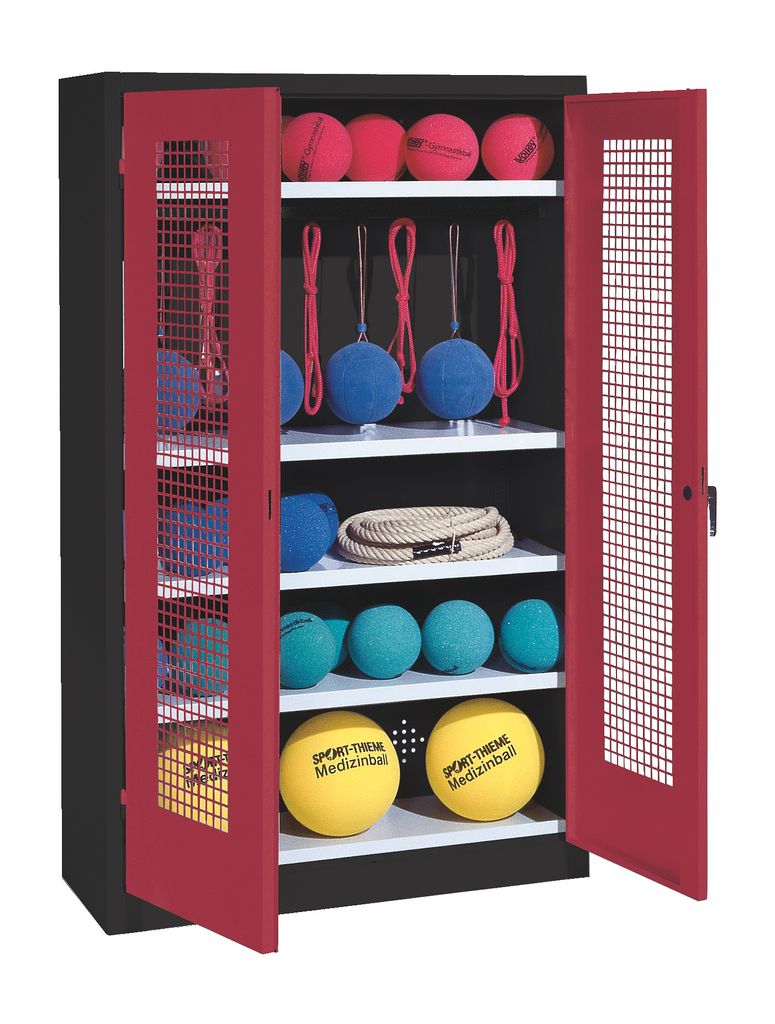 C+P Sportgeräteschrank mit Lochblech-Flügeltüren (Typ 2), HxBxT 195x120x50 cm, Ergo-Lock Muldengriff, Rubinrot (RAL 3003), Anthrazit (RAL 7021),...