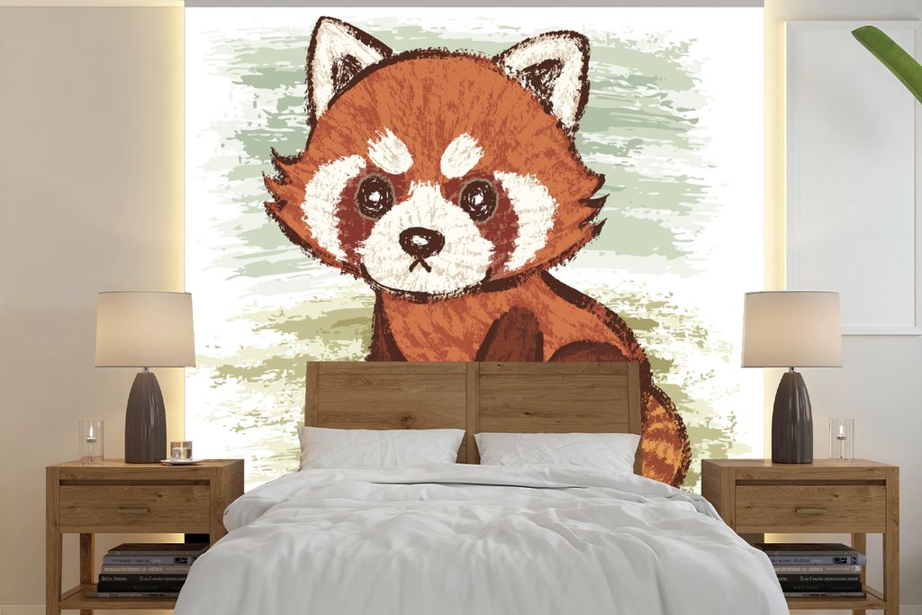 MuchoWow Fototapete für Wohnzimmer oder Schlafzimmer Wandtapete Vinyl Motivtapete Eine Illustration eines kleinen Pandas vor einem grünen Hinte...