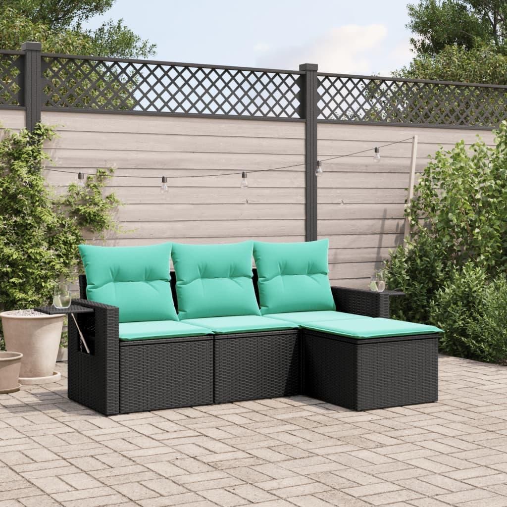 Möbel 4-teiliges Gartensofa-Set mit Kissen, schwarzes Polyrattan - Gartenmöbelgarnituren 3220066