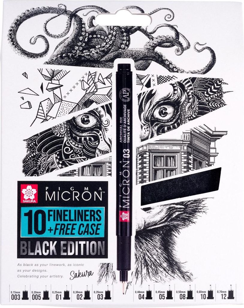 SAKURA Fineliner Pigma Micron 10er Set + GRATIS Etui