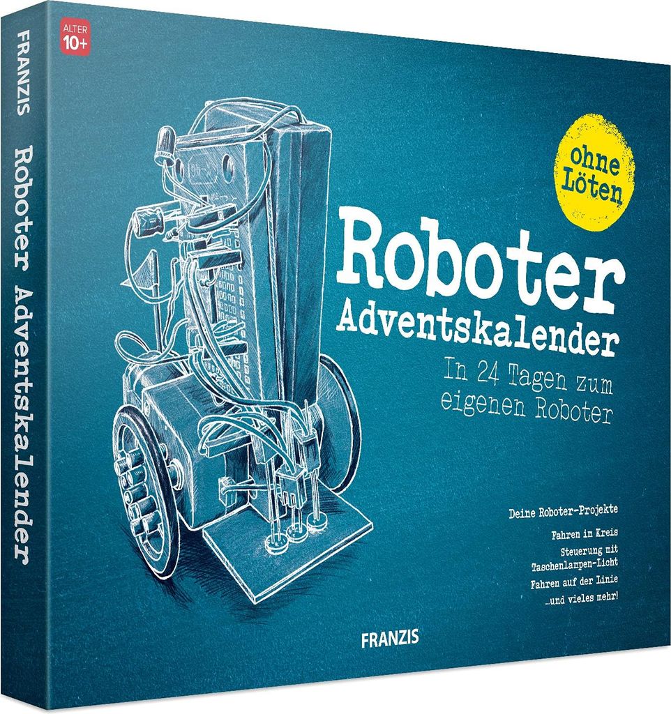 FRANZIS 67161 - Roboter Adventskalender - in 24 Tagen zum eigenen fahrbaren Roboter, ohne Löten, für Kinder ab 10 Jahren