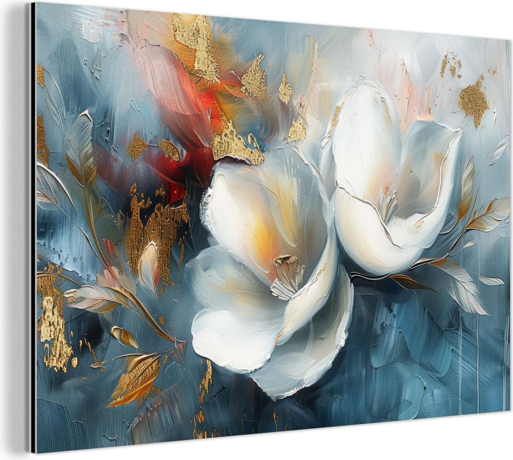 MuchoWow Wanddekoration Metall Metallbild Wandkunst 30x20 cm Blumen - Weiß - Gold - Kunst - Abstrakt MuchoWow Aluminium Gemälde - Aluminiumgemälder