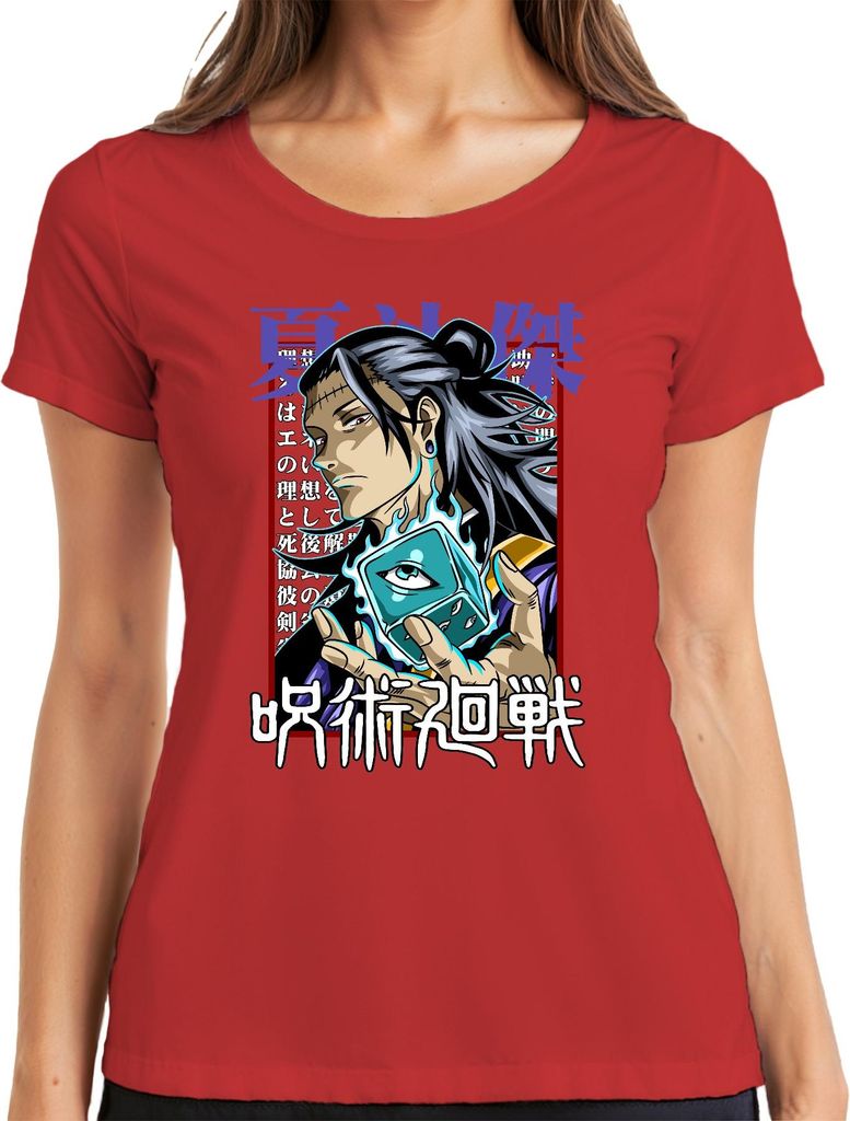 Jujutsu Kaisen Anime Manga Auge Würfel Flamme düster Geschenk Damen T-Shirt, Rot, XXL