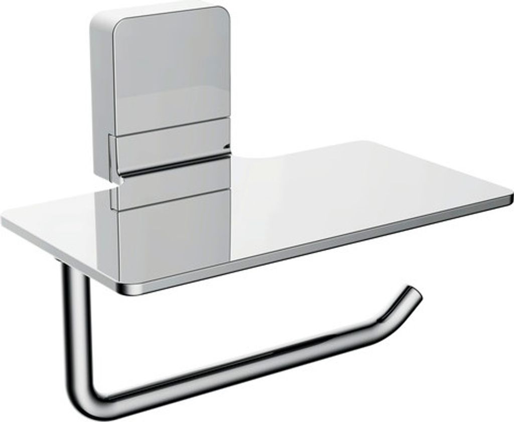 A chrome toilet paper holder with a small shelf.