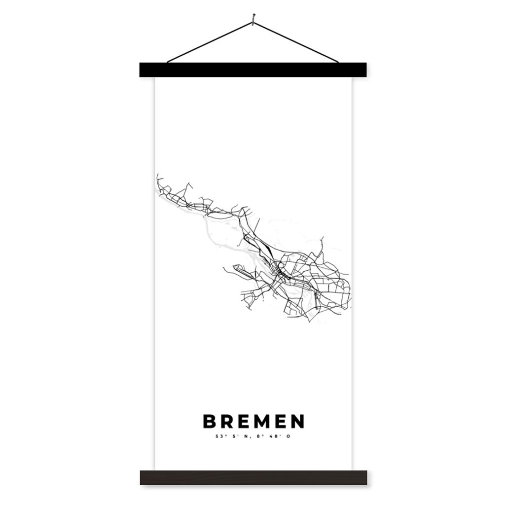 MuchoWow Textilposter Stadtplan - Deutschland - Schwarz-weiß - Bremen - Karte 60x120 cm mit schwarzem Rahmen - Magnete