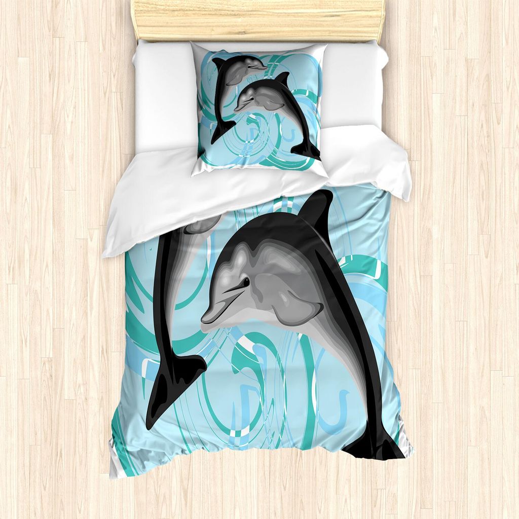 ABAKUHAUS Delfin Bettbezug Set, Digital-Bild des abstrakten Ozean-themenorientierten SeeLebens zwei Delphin Friends Sea Print, 135 x 200 cm + 80 x ...