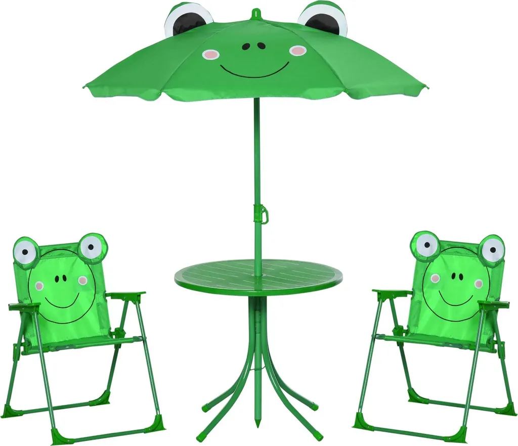 Set mobilier de terrasse pliable en métal vert avec parasol inclinable