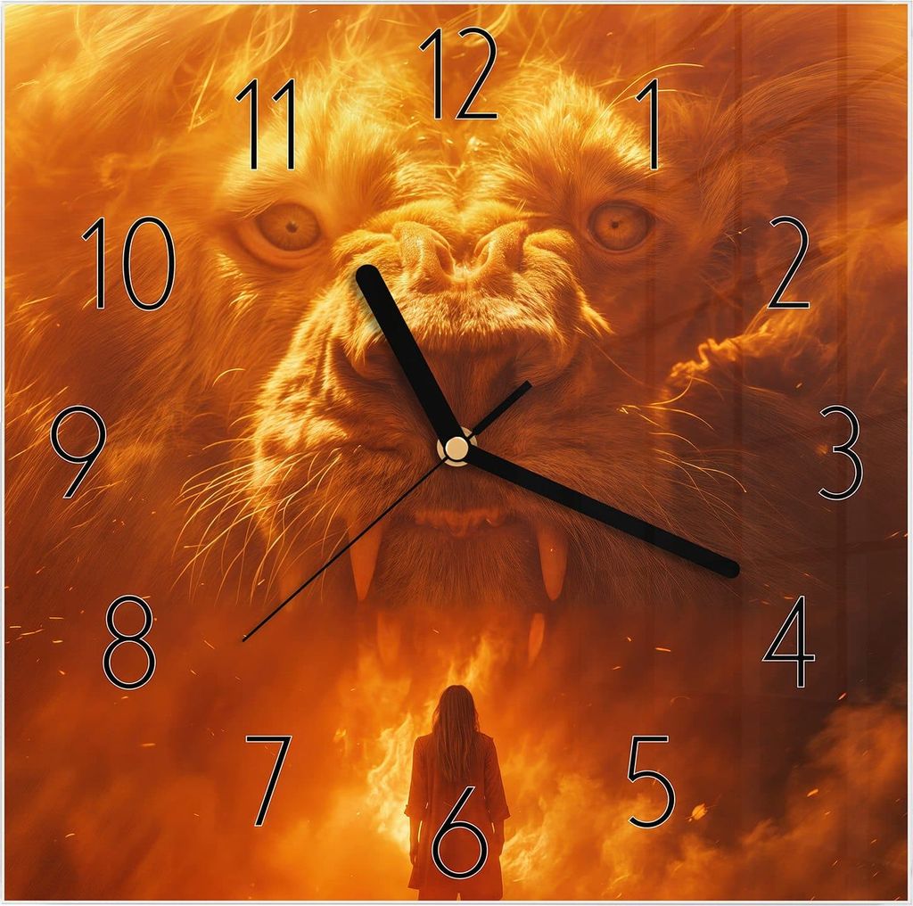 Wanduhr aus Glas mit Motiv Abenteuerlich Löwe- 30 x 30 cm - inkl. Aufhängesystem