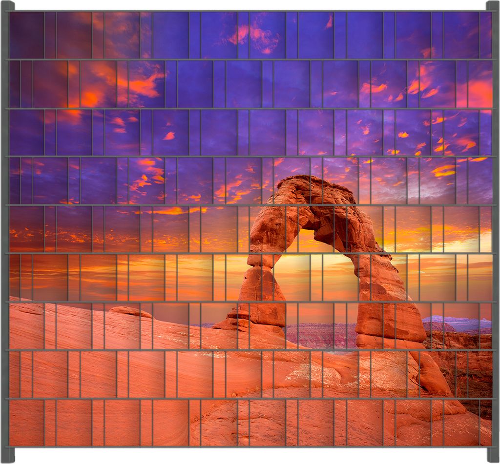 Wallario Zaunsichtschutz mit Motiv Steinbogen vor einem farbenfrohen Himmel in lila-rot für Ein- und Doppelstabmatten Zäune in der Größe 200 x ...