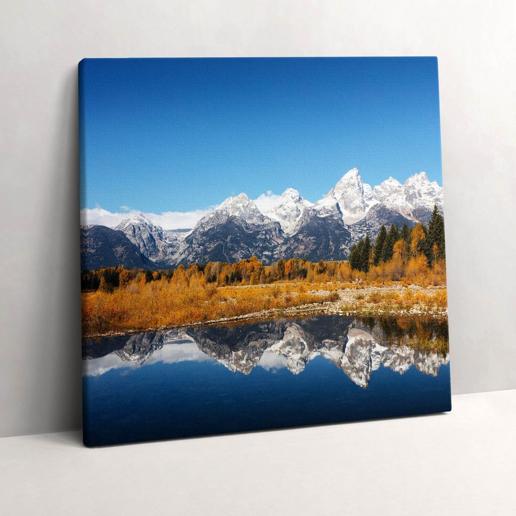Mountains lake and autumn trees – Leinwandbild Wandbild – 60x60 cm – Leinwandbilder – Wandbilder – Schlafzimmer – Flur