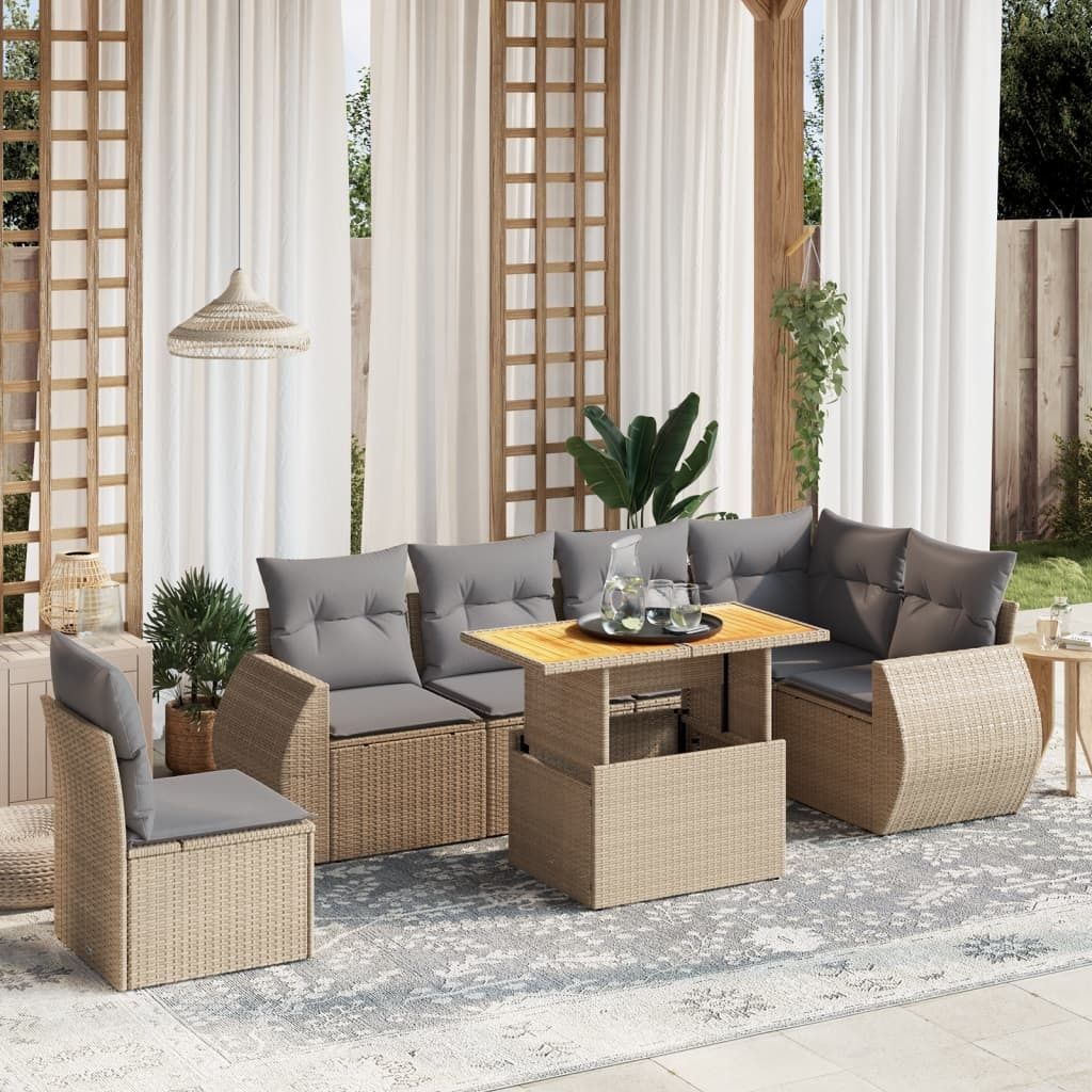 Design 7-tlg. Garten-Sofagarnitur mit Kissen Beige Poly Rattan, Gartenmöbel-Sets 2024 Neu