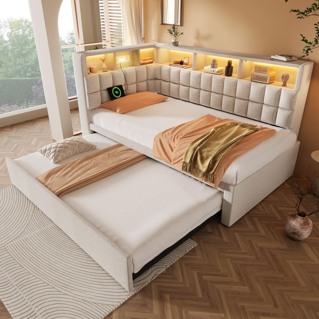MODFU Polsterbett mit Ausziehbett 90x200 Schlafsofa Einzelbett mit USB & Type-C Ladeanschluss und Stauraumregal,Gästebett ohne Matratze,Daybett mi...