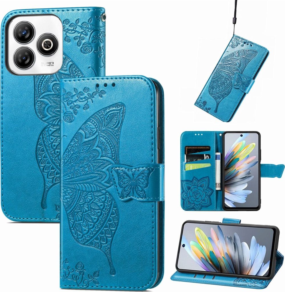 Für ZTE Blade A75 4G Kunstleder Wallet Handy Tasche Schmetterling Design Hülle Etuis Blau