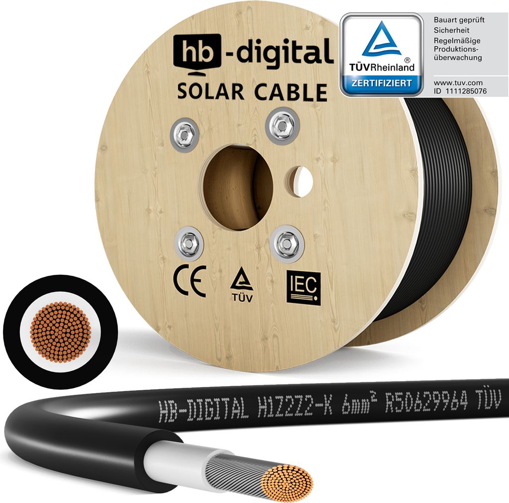 hb-digital Solarkabel 6mm2 H1Z2Z2-K PV Kabel 200m für Solaranlagen schwarz