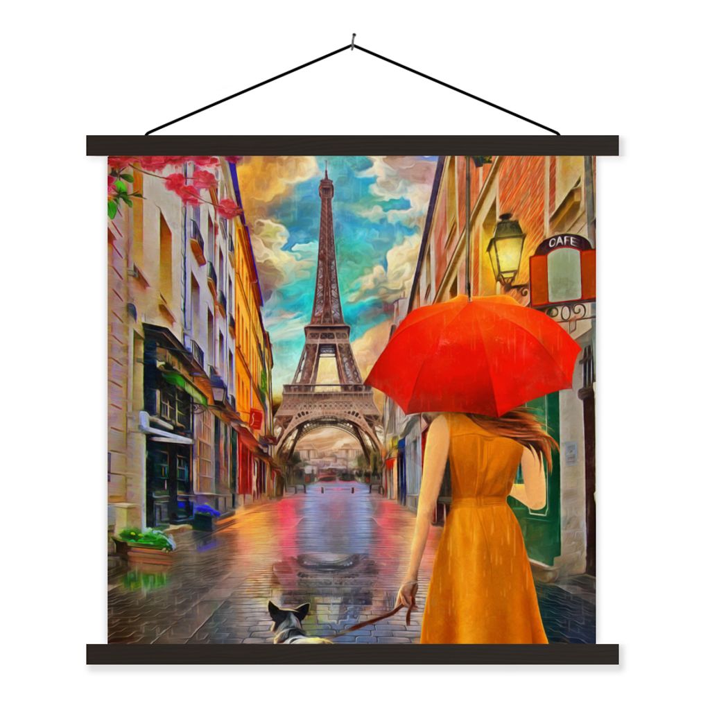 MuchoWow Textilposter Gemälde - Ölfarbe - Frau - Hund - Paris 40x40 cm mit schwarzem Rahmen - Fotos