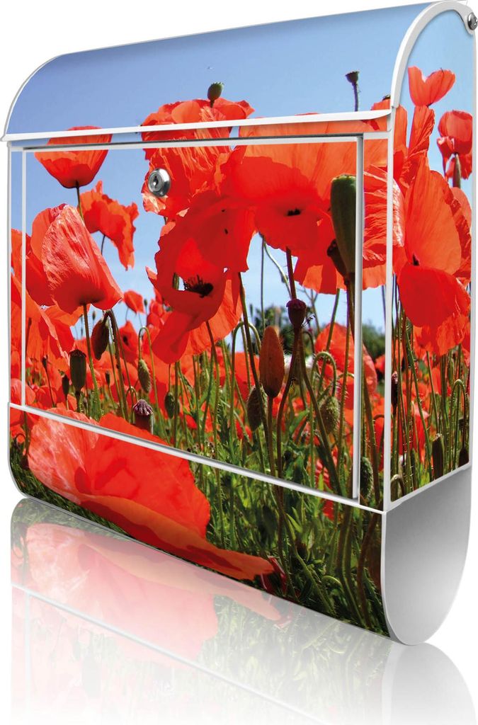 banjado Design Briefkasten Stahl weiß mit Zeitungsfach pulverbeschichtet "Mohnblumen" 38x46x12,5cm & 2 Schlüssel - Postkasten A4 Einwurf inkl. Mo...
