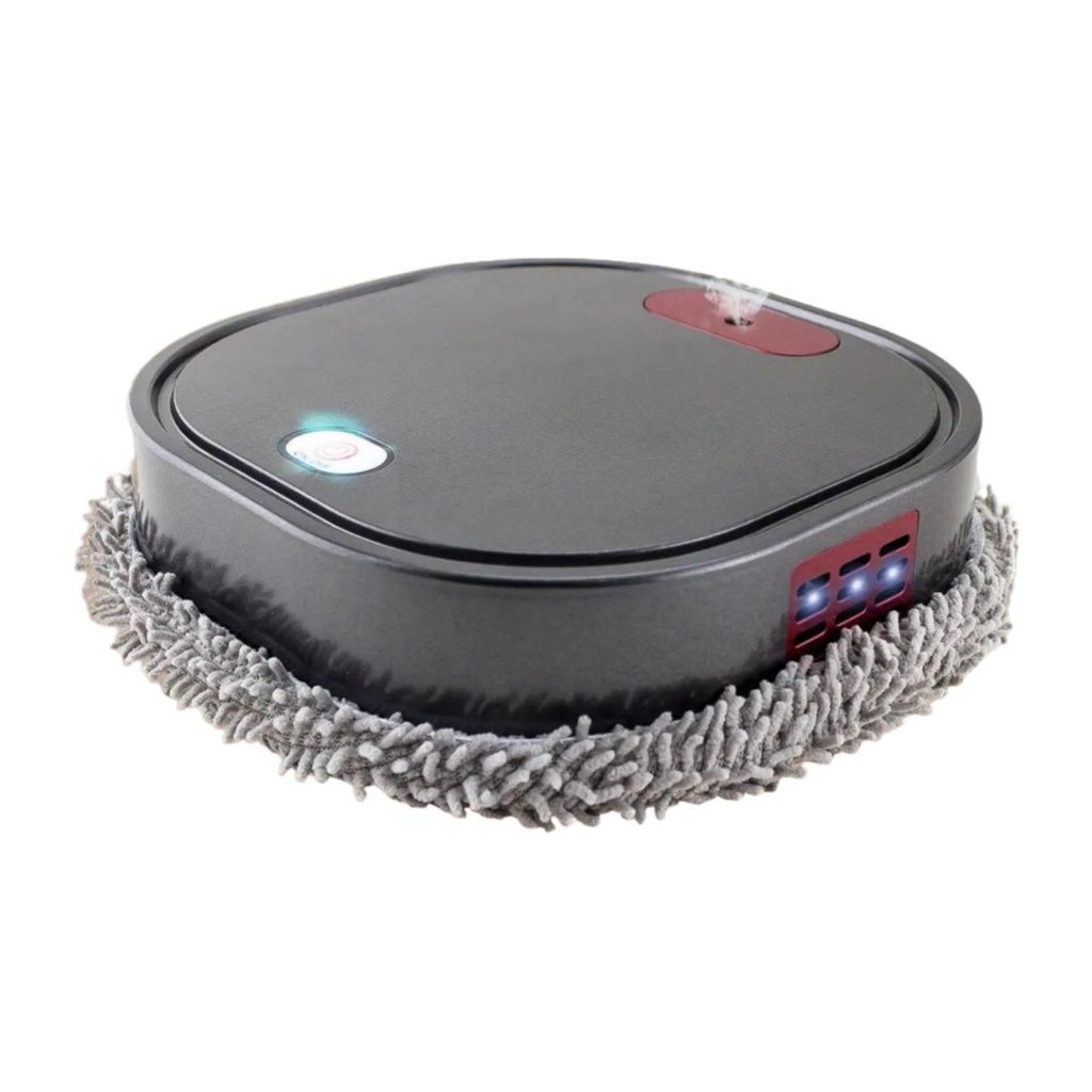 A robotic mop with a circular design, featuring a gray body and red accents. It has a light blue illuminated button and three small blue indicator lights on the side. The bottom of the robot is surrounded by a fluffy gray mop pad. The product is shown from