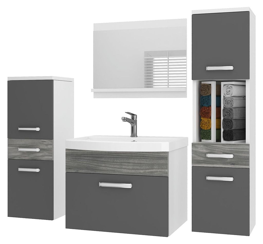 BELINI Badmöbel Set PRI PM5 120 cm Grau Glamour Hochglanz - Moderner Badschrank mit Waschbecken & Spiegel, Vollausstattung Wandmontage