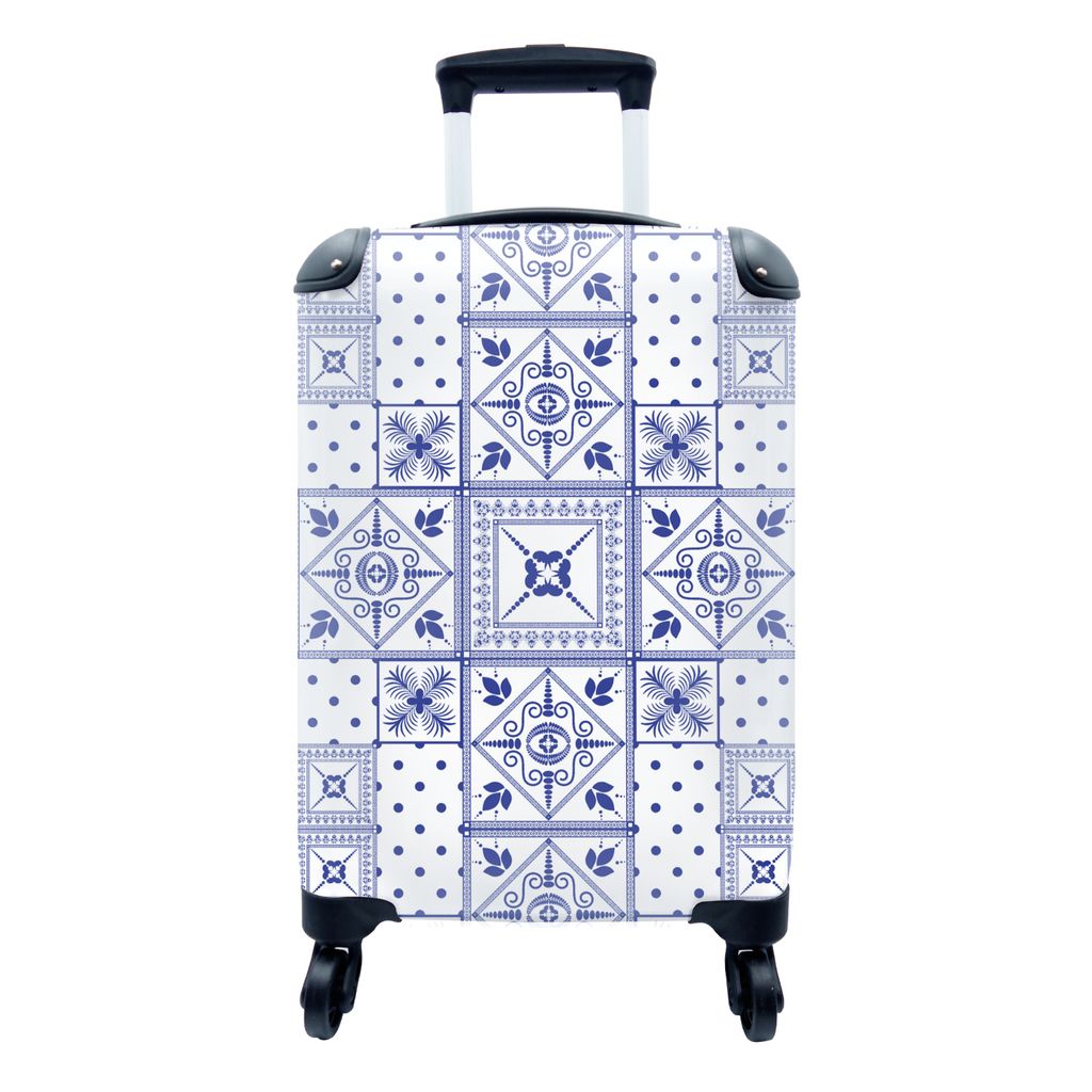 MuchoWow Koffer Handgepäck Trolley Rollkoffer Kleine Reisekoffer mit 4 Rollen - Fliesen - Muster - Delfter Blau - Cabin Size < 55x40x23 cm & 55x...
