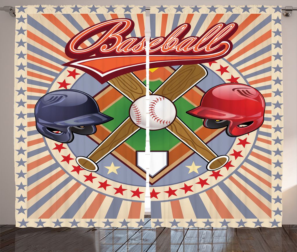 ABAKUHAUS Bunt Rustikaler Gardine, Retro Pop-Art-Baseball, Schlafzimmer Kräuselband Vorhang mit Schlaufen und Haken, 280 x 175 cm, Mehrfarbig