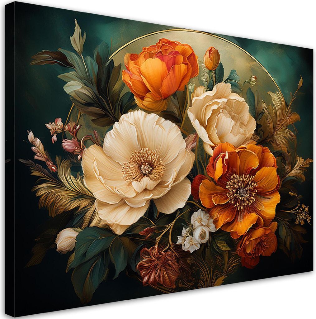 Leinwandbild Blumen Blätter Vintage 120x80 Feeby Grün bild für die wand bereit zum aufhängen