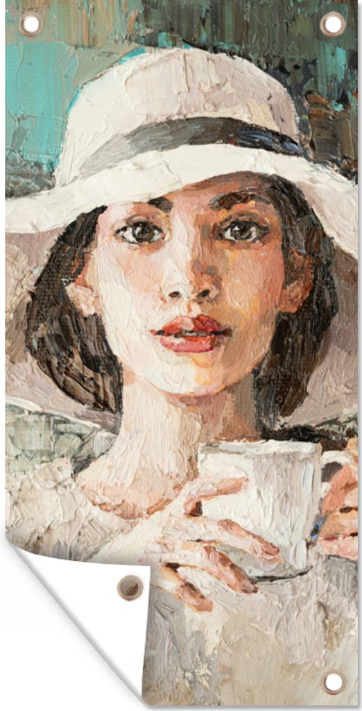 MuchoWow 40x80 cm Outdoor-Poster Gartendeko Sichtschutz Garten Poster für den Garten Gemälde - Ölfarbe - Frau - Kaffee - Hut