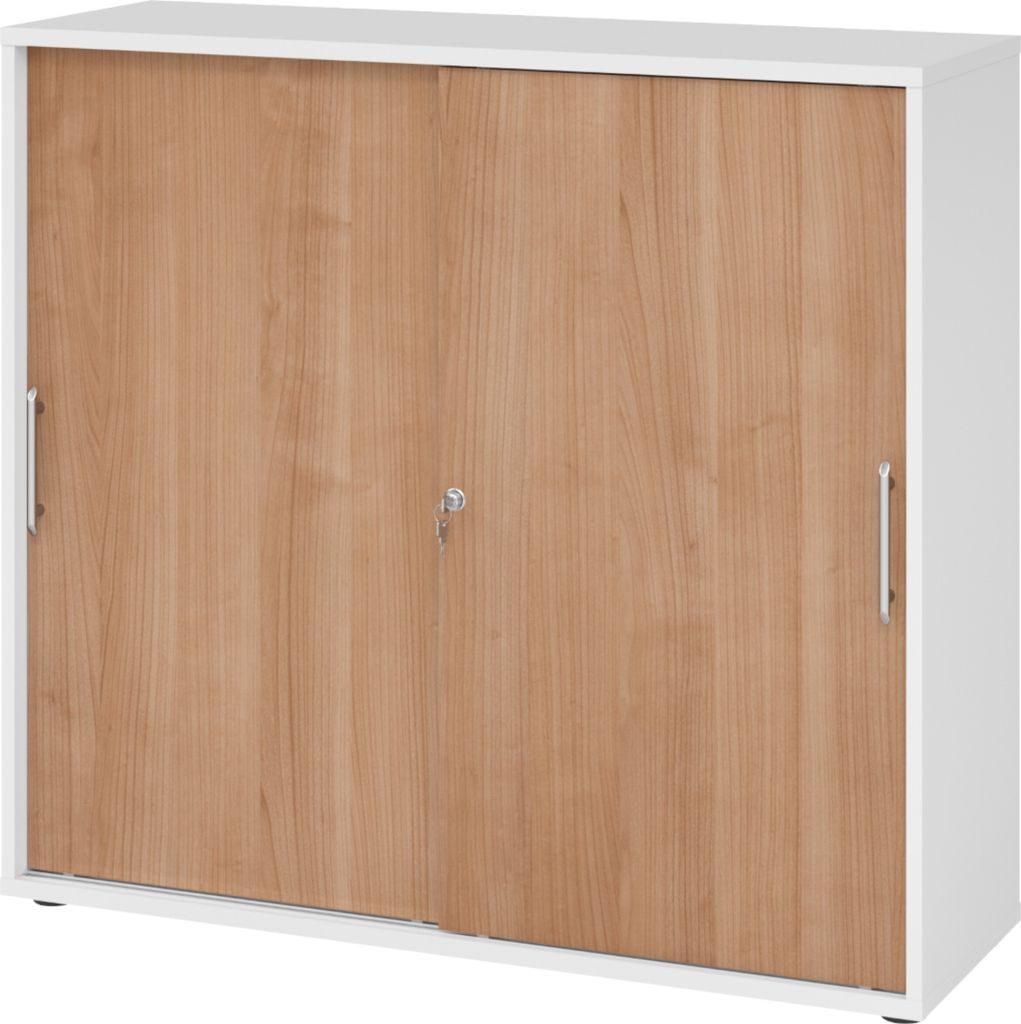bümö Schiebetürenschrank office - 3 Ordnerhöhen - Griff: Relinggriff (Kunststoff), Nachbildung: Weiß/Nussbaum