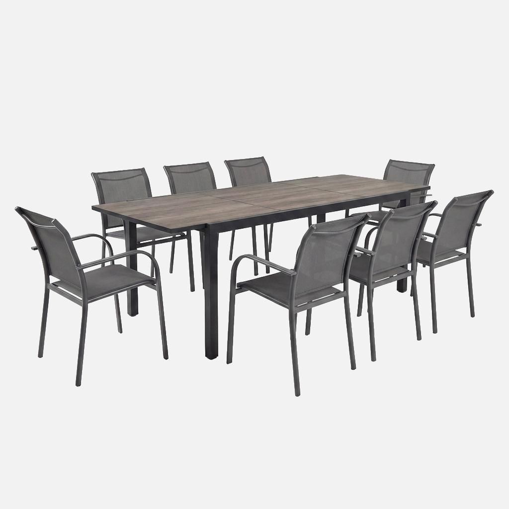 sweeek - Ausziehbarer Gartentisch aus Aluminium mit Holzoptik + 8 Sessel - Anthrazit