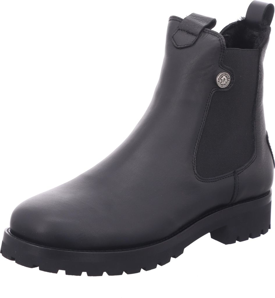A black leather boot on a white background.