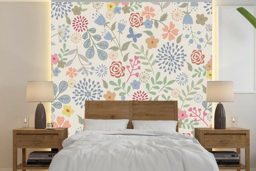 MuchoWow Fototapete für Wohnzimmer oder Schlafzimmer Wandtapete Vinyl Motivtapete Eine Blumenmuster-Illustration mit vielen Blumen - 350x350 cm ...