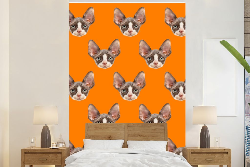 MuchoWow Fototapete für Wohnzimmer oder Schlafzimmer Wandtapete Vinyl Motivtapete Katze - Orange - Muster - 180x280 cm - Wallpaper