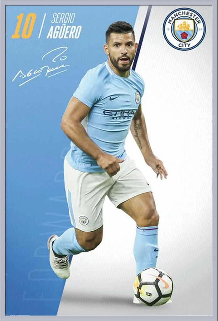 Cadre Argent Shinsuke et Poster City Agüero 17/18 avec Vitre Acrylique