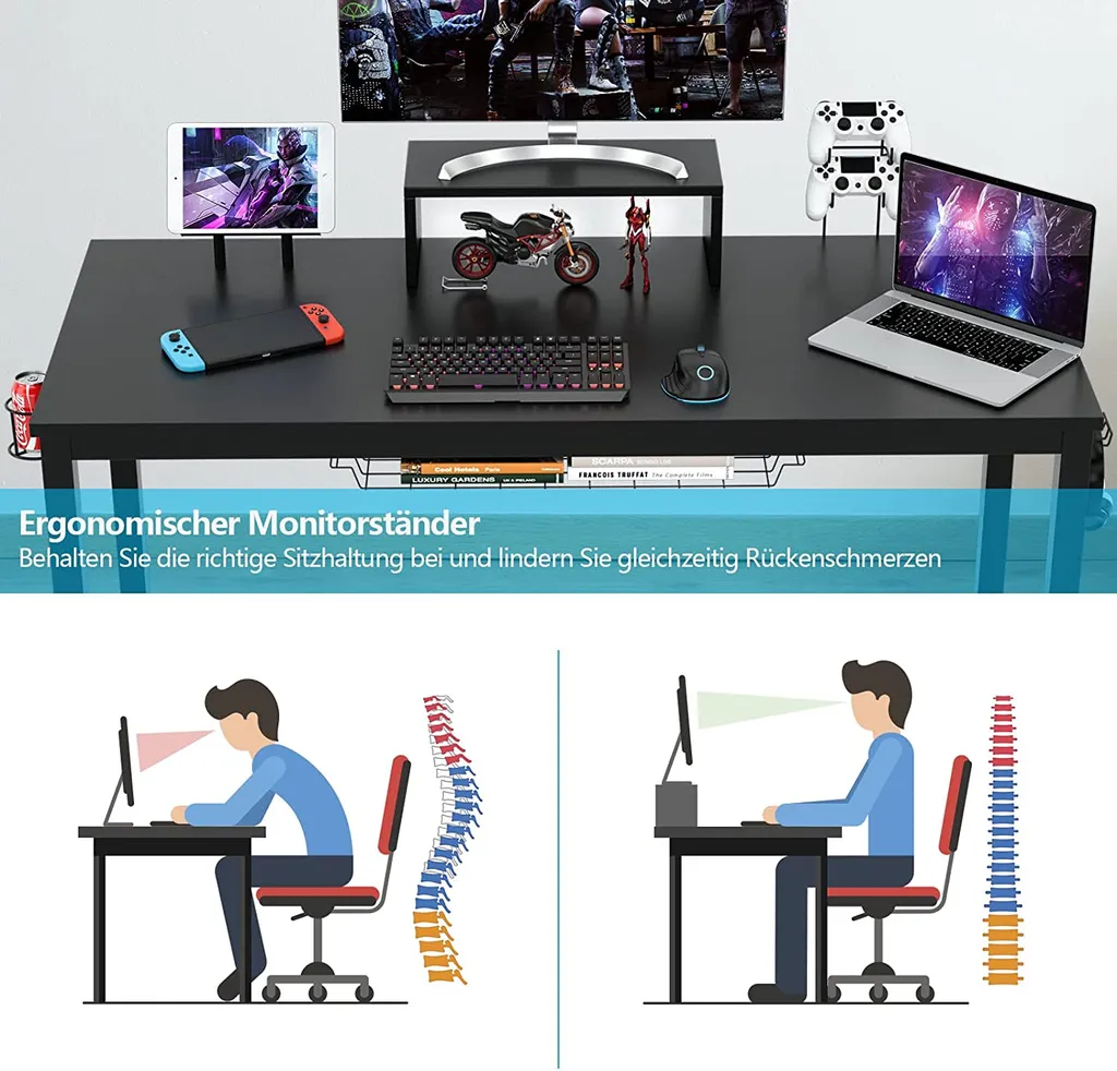 Table d'Ordinateur Gaming 140 cm Ergonomique avec Support Multimédia