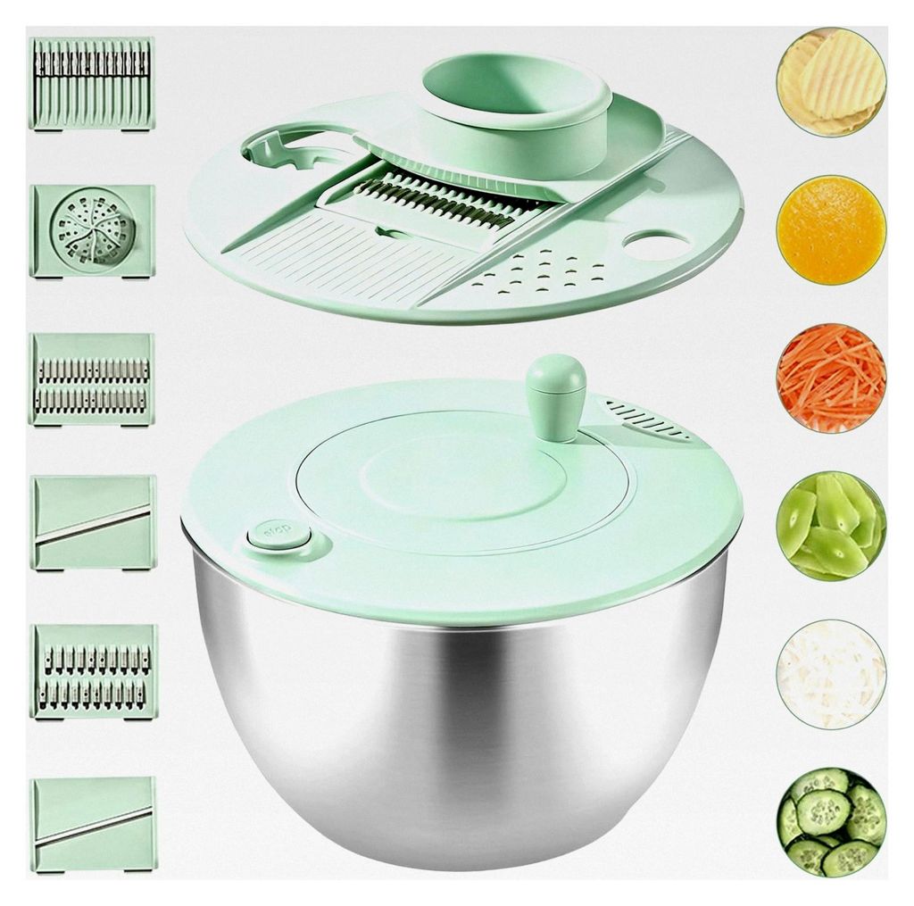 5L Salatschleuder aus Edelstahl mit rutschfester Basis und Kurbelbetrieb, inklusive 5 Zubehörteilen und Eigelbtrenner, ideal zum Kochen, Backen un...