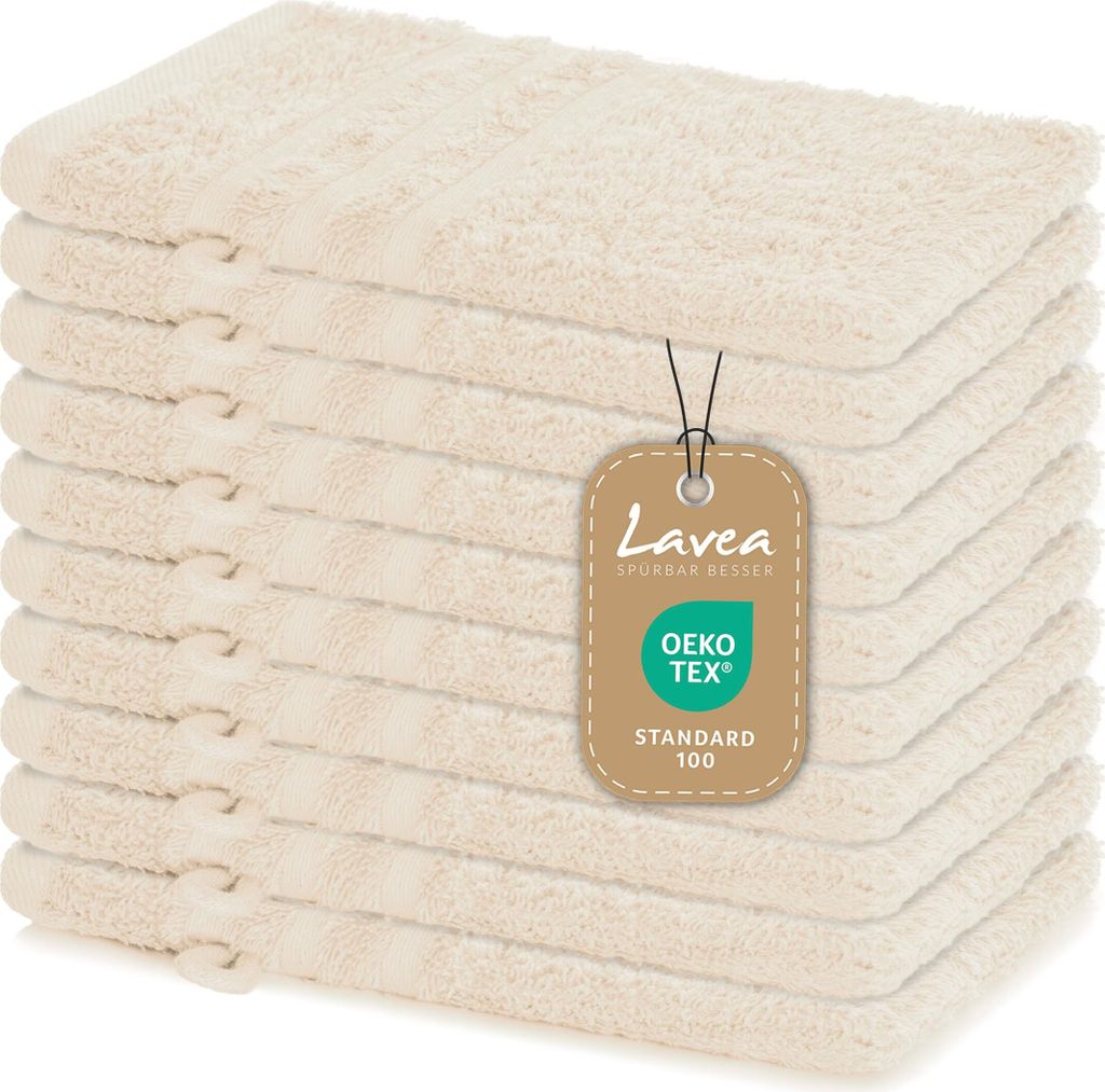 Lavea 10er Set Waschhandschuh 15x21 cm – Saugstark Weich aus 100% Baumwolle, Frottierserie Elena – Waschbar und Strapazierfähig – Creme