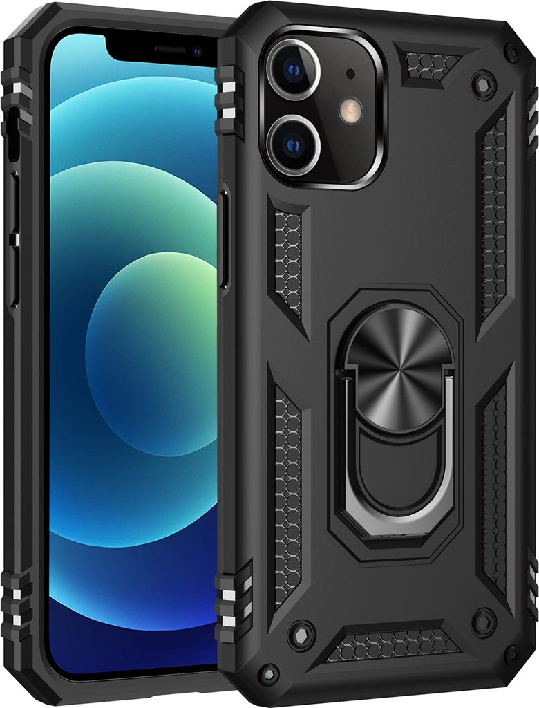 LaimTop Schutzhülle für iPhone 12 Mini, Dual Layer Robust Militäre Fallschutz Hülle mit Ringhalterung Ständer für iPhone 12 Mini Schwarz