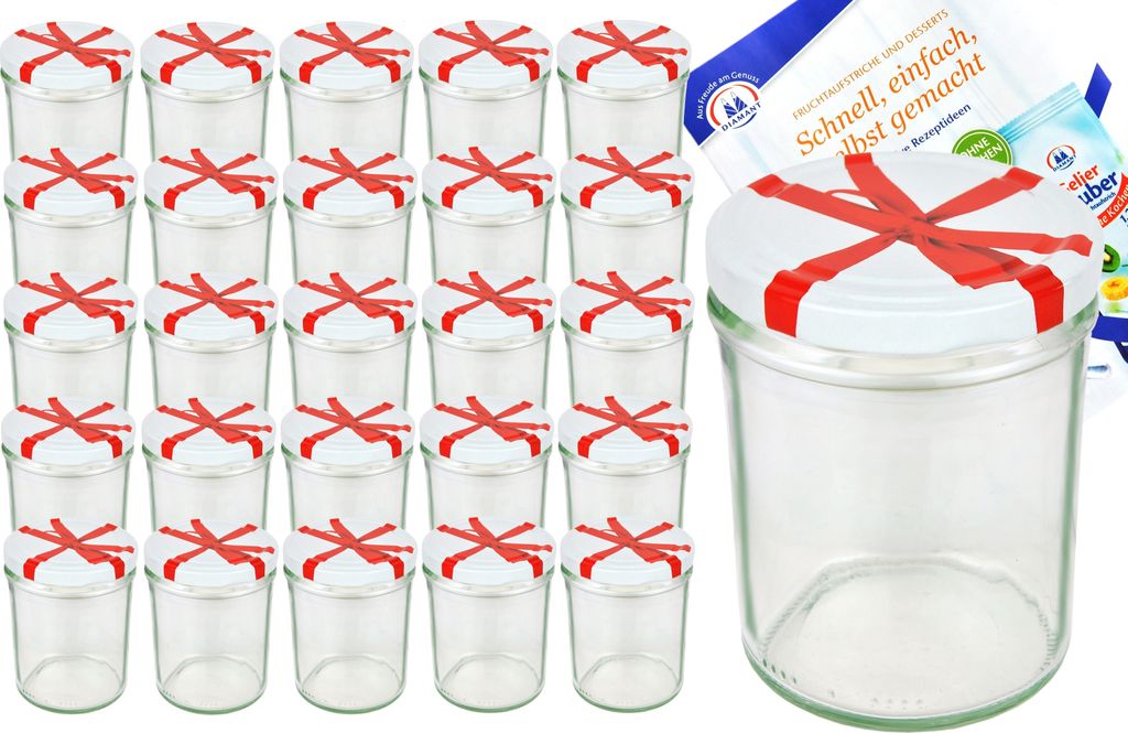 A set of glass jars with red ribbon decoration on their lids, along with recipe booklets.