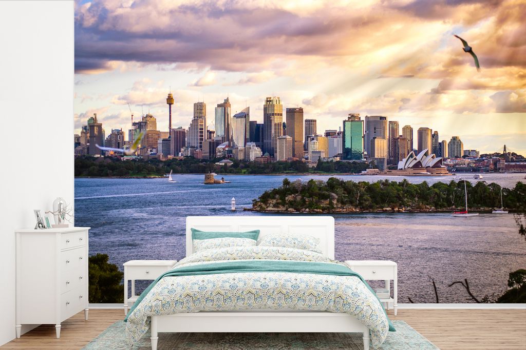 MuchoWow Fototapete für Wohnzimmer oder Schlafzimmer Wandtapete Vinyl Motivtapete Sonnenstrahlen scheinen auf die australische Stadt Sydney - 39...