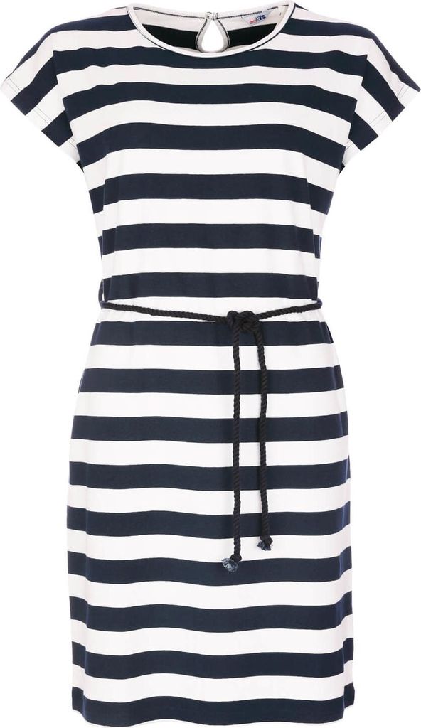 modAS Damen Kleid Kurzarm mit Blockstreifen - Streifenkleid mit Kordelband in der Taille in Blau-Weiß Größe L