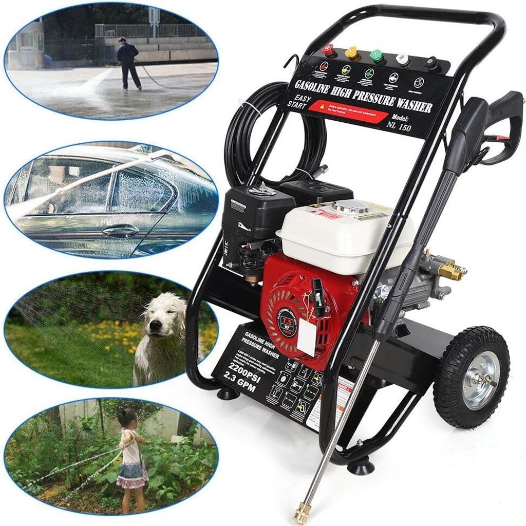 Benzin-Hochdruckreiniger - 7,5 PS - 2200 PSI - 2,3 GPM - Mehrere Düsen - Langer Schlauch - Rot
