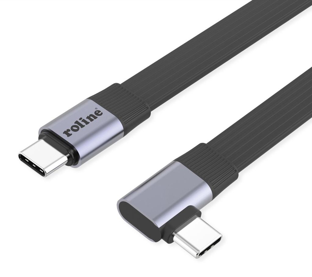 ROLINE USB4 2.0 Flachkabel, C–C, ST/ST einseitig 90°-gewinkelt, 8K UHD-2, 80Gbit/s, 240W, schwarz, 0,13 m